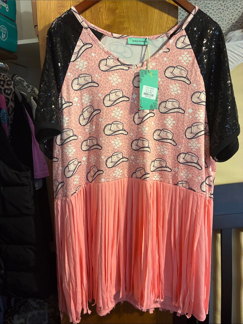 Pink Cowgirl Print Fringe Top with Black Sequin Sleeves